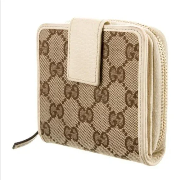 🆕 Authentic GUCCI Compact GG Canvas Leather Beige/Off-white Zip Wallet Bi-Fold - Picture 8 of 9